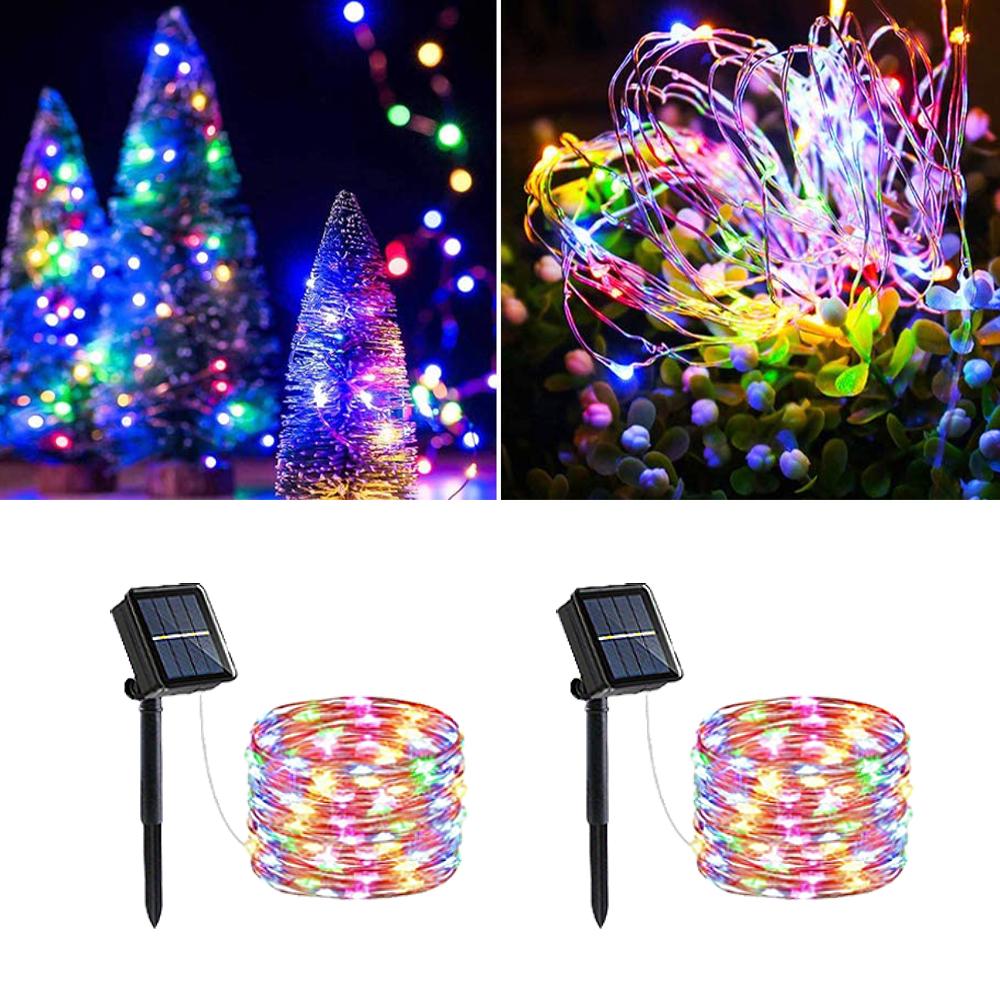 2pcs Solar Slivery Wire String Lights, 12M 100LED 8Modes Starry Lights, Bedroom, Garden, Party, Wedding Christmas Decor Lights
