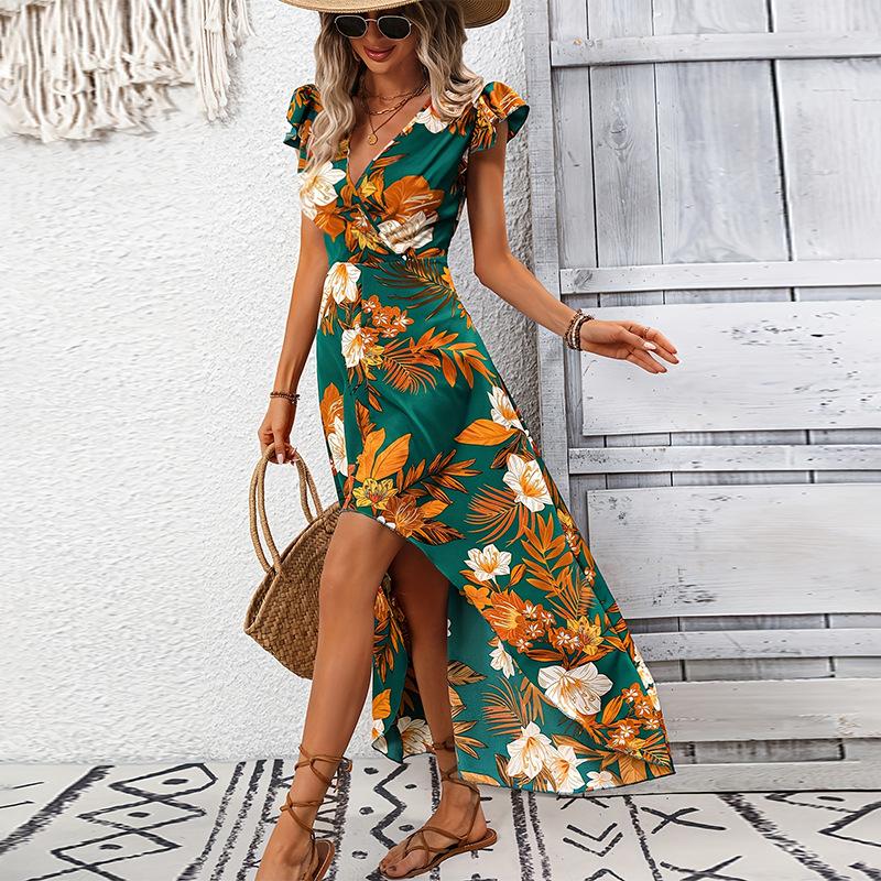 Women Summer Casual Fly Sleeve V Neck Flower Printed Short Front and Long Back Bohemian Holiday Style One Piece Dress