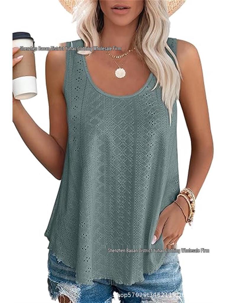 2024 Spring/Summer Sleeveless Hollow Jacquard Top - Women's Casual Round Neck Vest