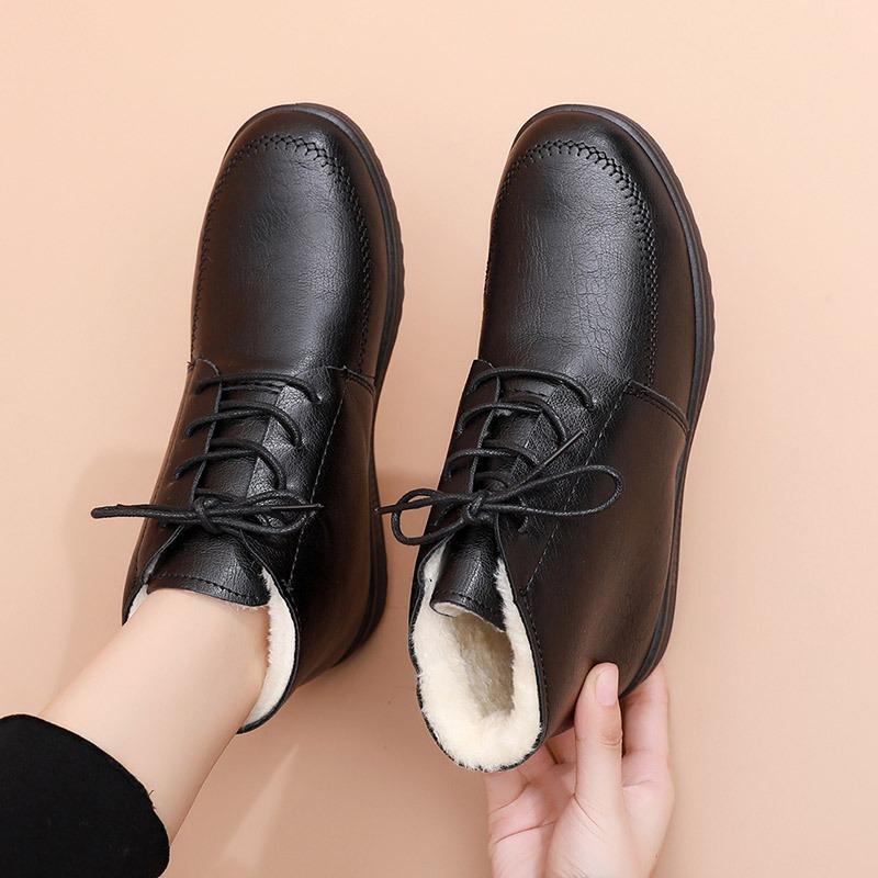 Cotton Shoes Women's Winter Lace-up Leather Shoes Warm and Velvet Medium and Old Short Boots Elderly People Non-slip Soft-soled Work Shoes