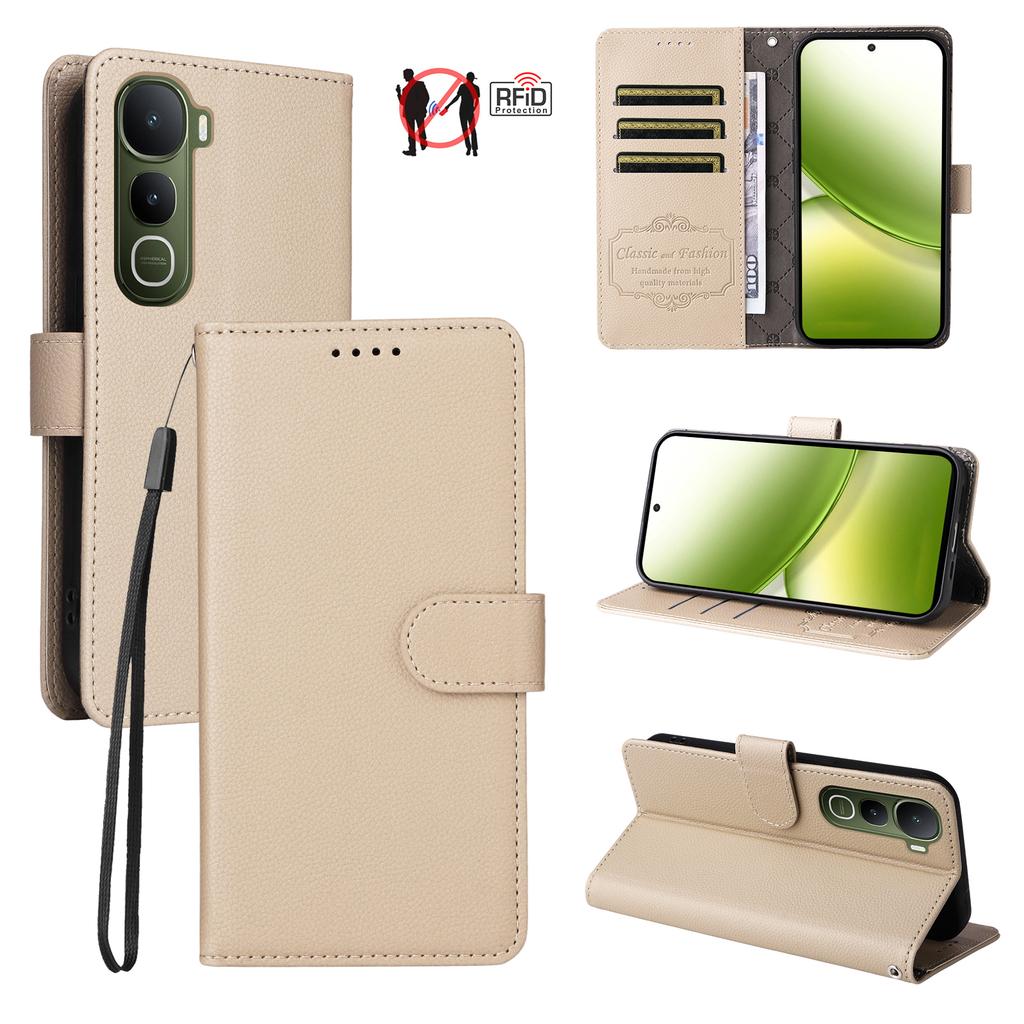 For Vivo Y400 5G Case RFID Blocking 3 Card Slots PU Leather Phone Cover with Wrist Strap