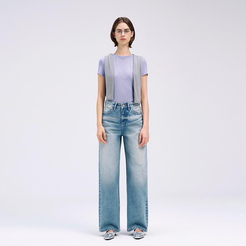 SELINE Shilin Heavyweight Washed Ripped Wide-Leg Jeans - Big Cow Fabric, High-End Texture. 28