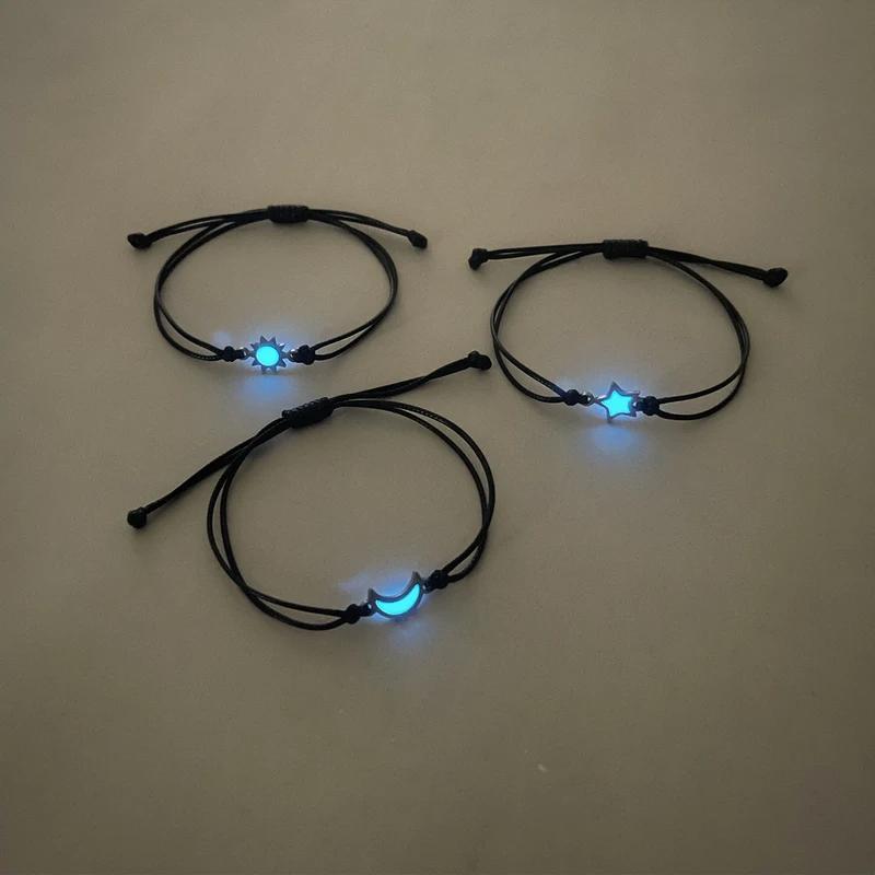 3PCS Glow in Dark Sun Moon Star Bracelet Set Handmade Woven Rope Trendy Jewelry Couple Accessories