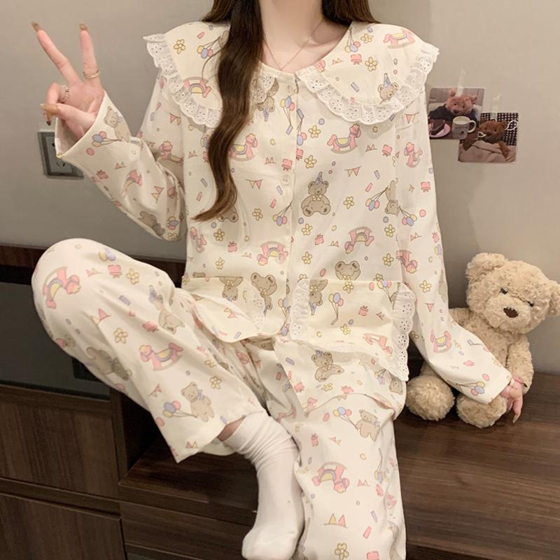 Women's Cartoon Lace Peter Pan Collar Cotton Pajamas - Long Sleeve, Spring/Fall, Winter Style