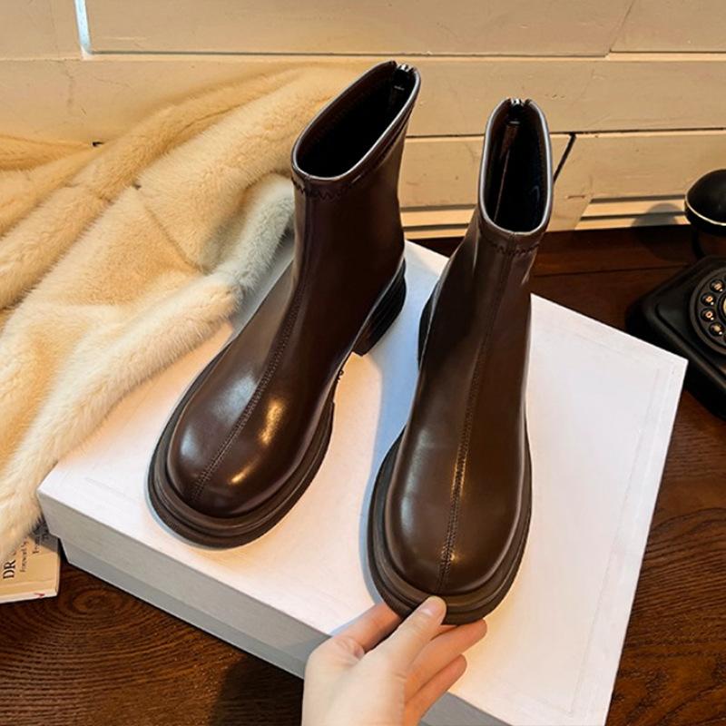 

22022025 новая мода тонкие ботинки женские короткие ботинки осень и зима круглый носок толстая подошва ботинки Мартин толстый каблук 40