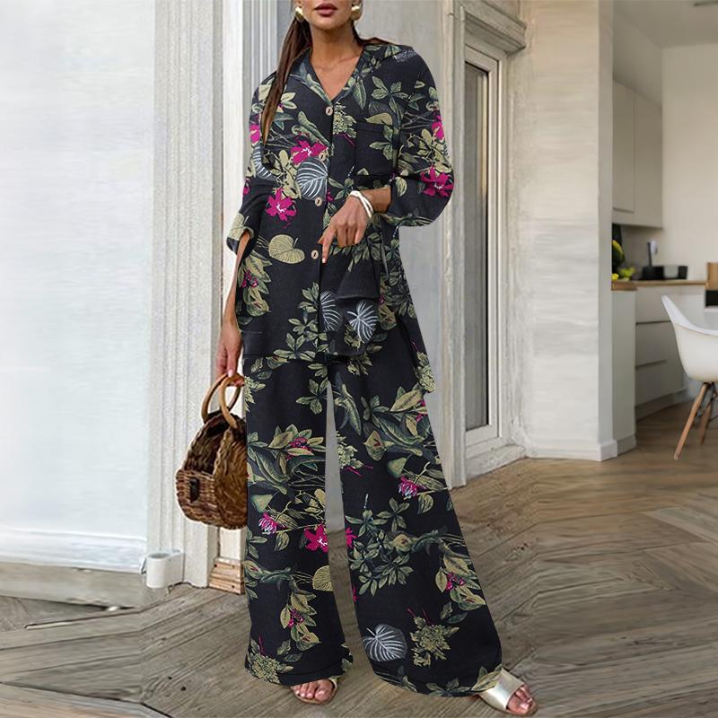 

ZANZEA Женские хлопковые наряды Блузка с длинным рукавом и брюки с принтом Комплекты из двух предметов 5XL тёмно-синий