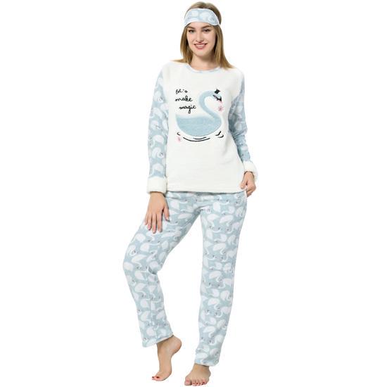 

Akbeniz Женская пижама из зеленого флиса с рисунком лебедя и экрю водно-зеленая 8057