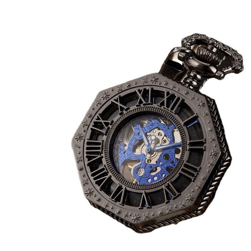 Skeleton Pocket Watch Engraved Octagonal Mechanical Pocket Watch Vintage Roman Blue Numerals