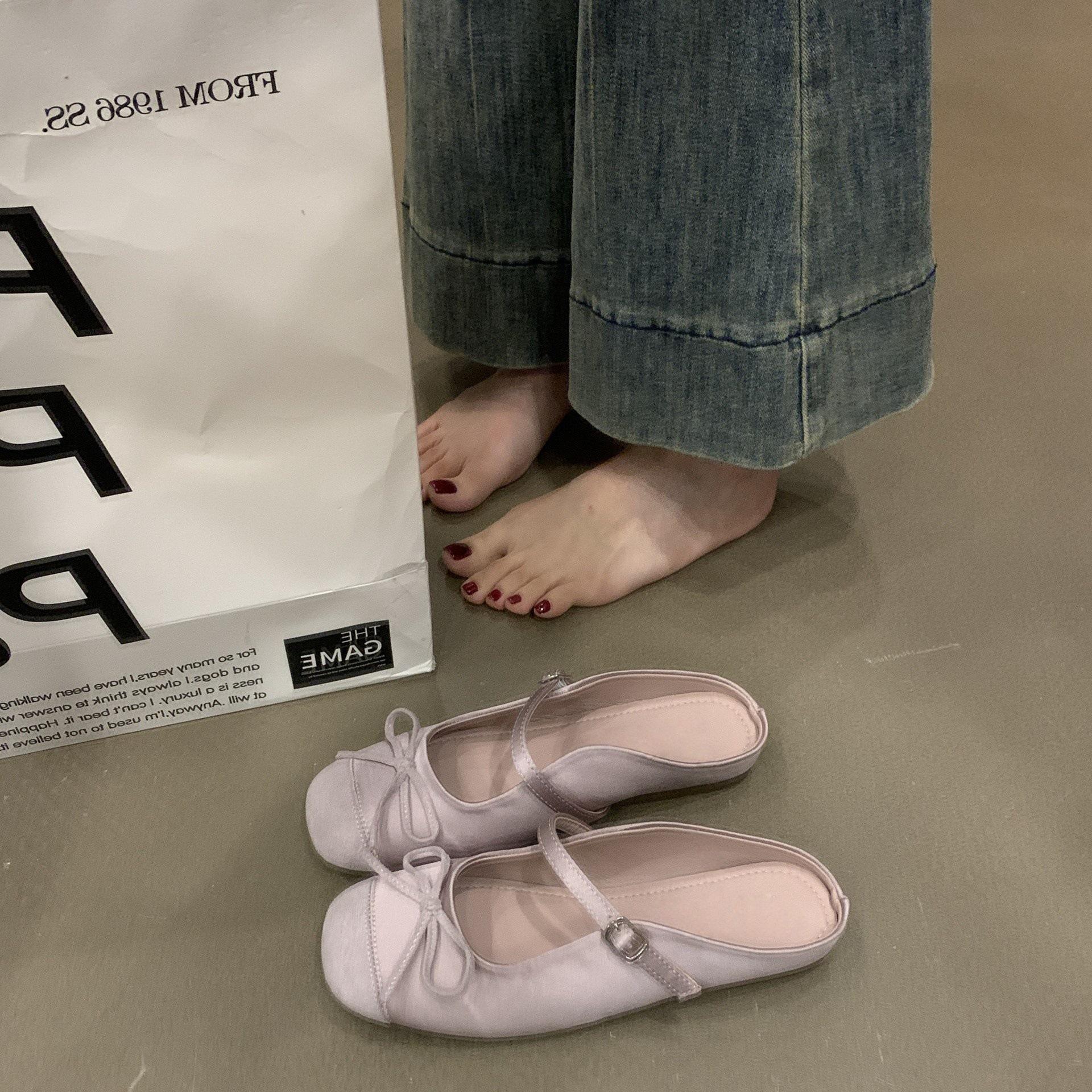 

Bow half slippers Baotou sandals women s shoes inner height increase early spring single shoes 35 фіолетовий