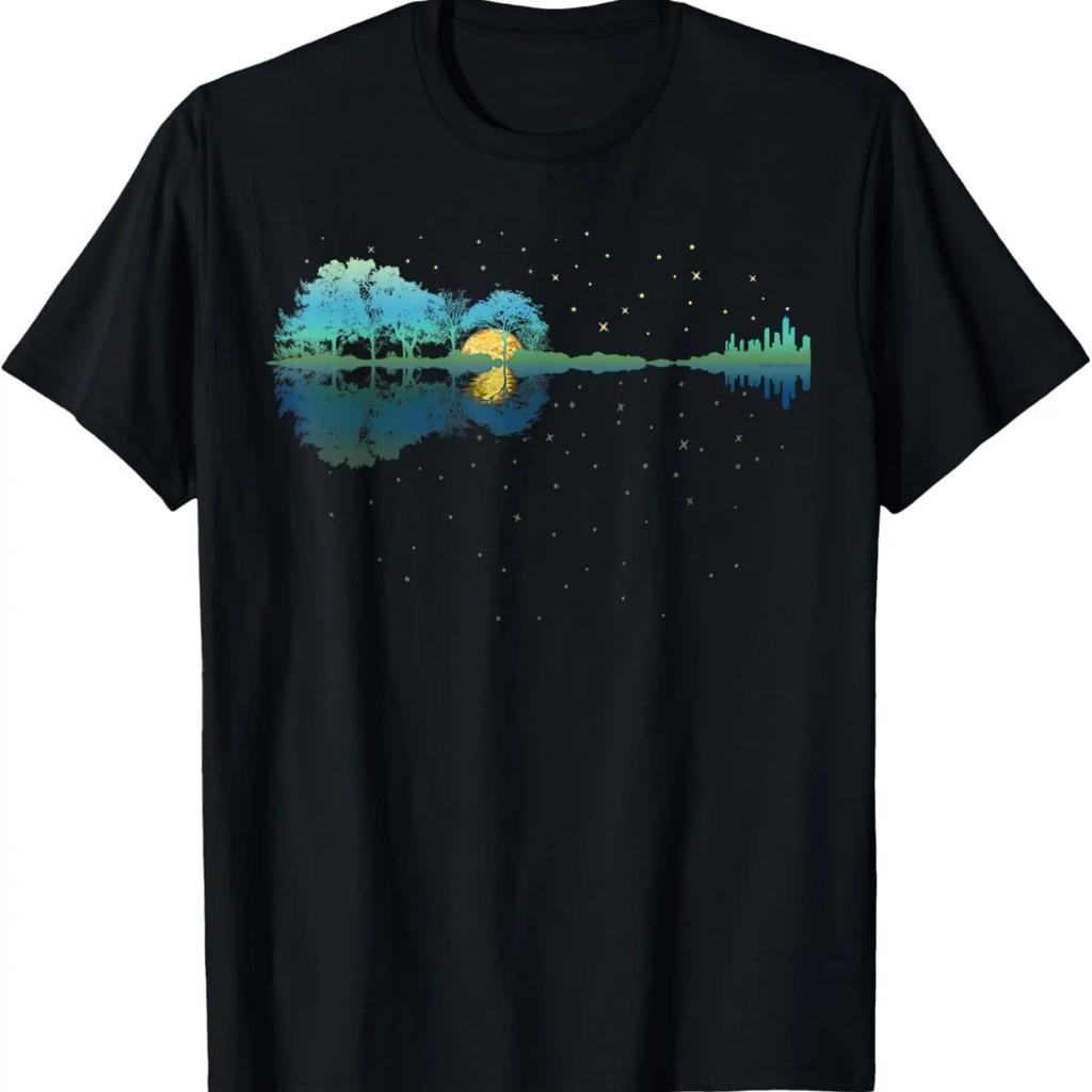 Guitar Lake Reflections Night Sky and Moon Guitar T-Shirt