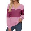 Women's Loose V-Neck Long Sleeve Colorblock T-Shirt Button Long Sleeve
