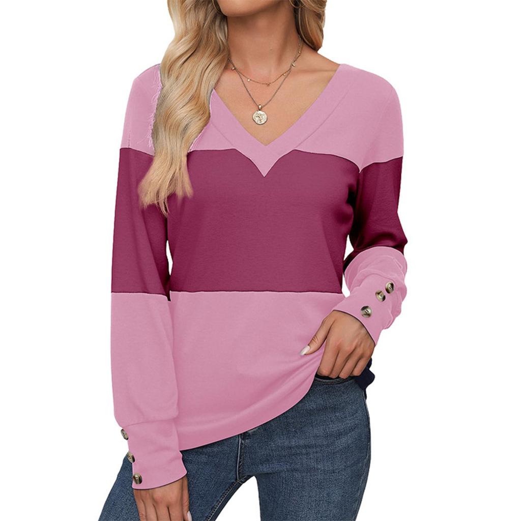 Women's Loose V-Neck Long Sleeve Colorblock T-Shirt Button Long Sleeve