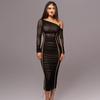 European and American Autumn Women's Long Sleeved Mesh Spliced Diagonal Shoulder Mid Length Temperament Pleated Dress