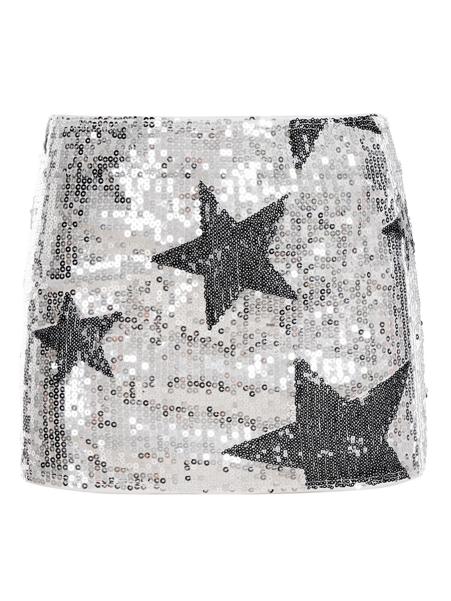 

European & American Style Sequin Star Low-Waist Knit Mini Skirt for Women – Sexy, Hip-Hugging, Versatile Street Fashion L