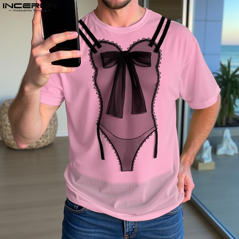 INCERUN Men Short Sleeves Funny Print See Through Casual Losee Tee Tops