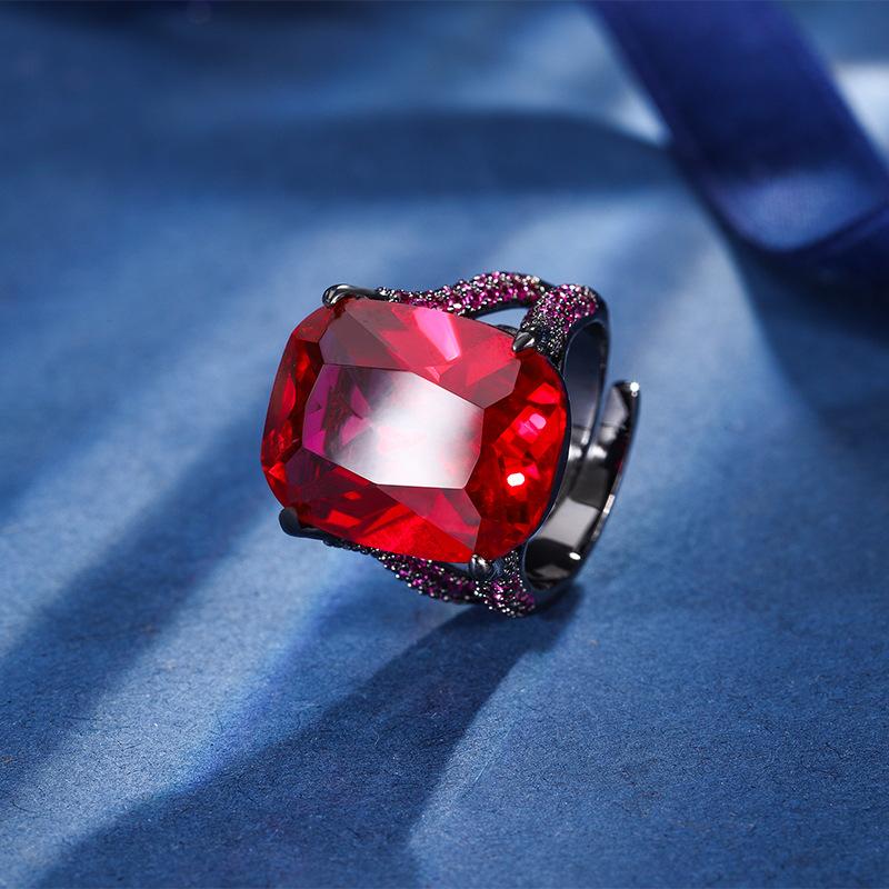 Jewelry Copper Bottom Gold-Plated Simulation Red Corundum Fat Rectangular Black Gold Personalized Set 15 * 20