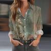 Women's Spring Summer 3D Printed Collared Button Shirt, Sage Grey Green Vertical Stripe Print Casual Holiday Top