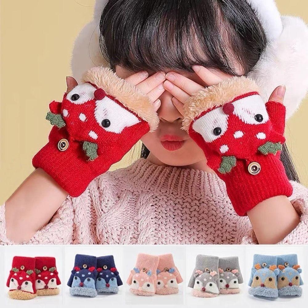 Winter Mittens Reindeer Plush Gloves Cartoon Half Finger Knitted Gloves Winter