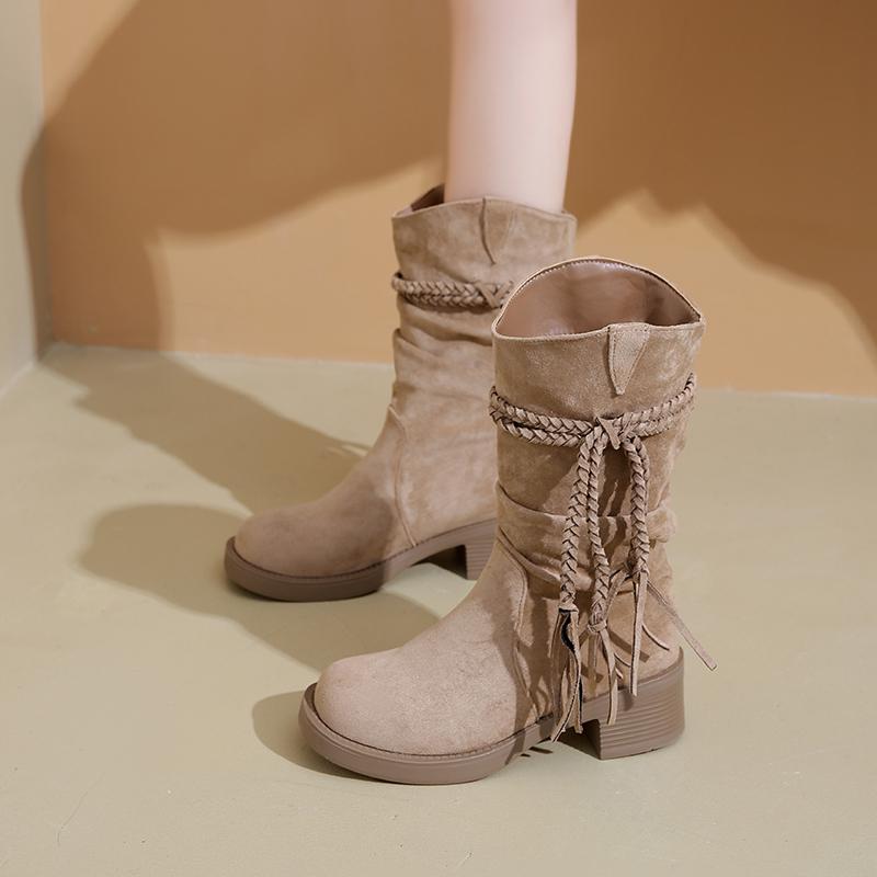 Retro Tassel Suede Long Western Cowboy Boots Women 2025 Winter Thick Heel Knee High Boots Sexy Khaki Medium Heel Shoes Plus Size