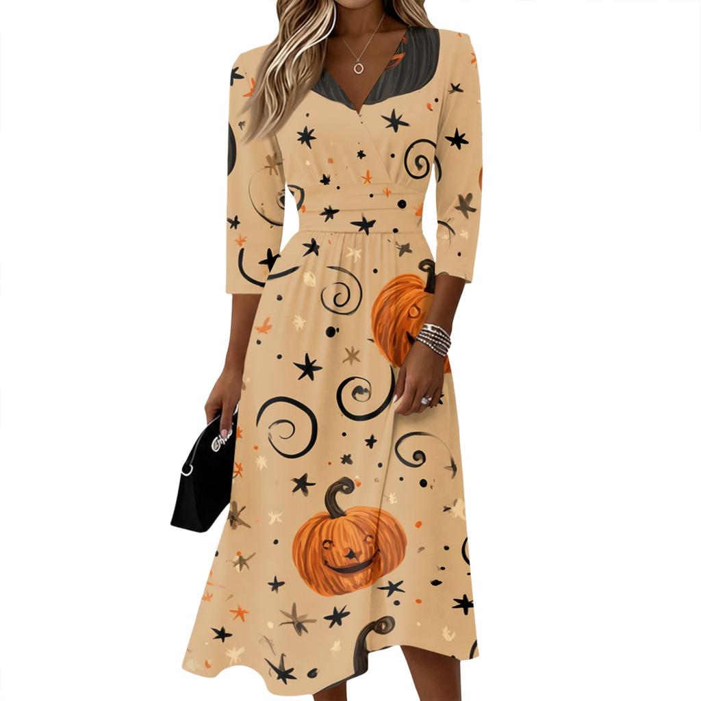 Women's Casual Three-Quarter Sleeve V-Neck Dress with Back Zipper for Stylish Everyday Wear