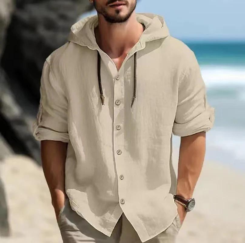 Ανδρικό λινό πουκάμισο Μασίφ streetwear μακρυμάνικο κουκούλα ζακέτα για ανδρικά μπλουζάκια με κουμπιά Casual loose ανδρικό πουκάμισο με κουκούλα