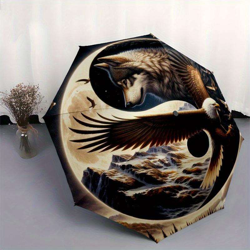 Wolf and Eagle Yin Yang Symbol Circular Art Print Poster Umbrella, Cute Umbrella with Cute Design, Portable 3-Fold Compact Umbrella for Men & Women, V