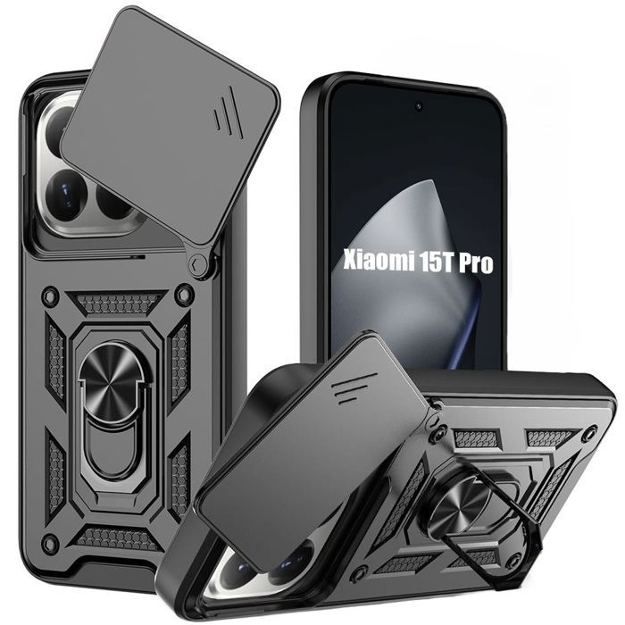 Coque Antichoc - E.F.CONNECTION - pour Xiaomi 15T Pro - avec Anneau et Protection Objectif - Noir