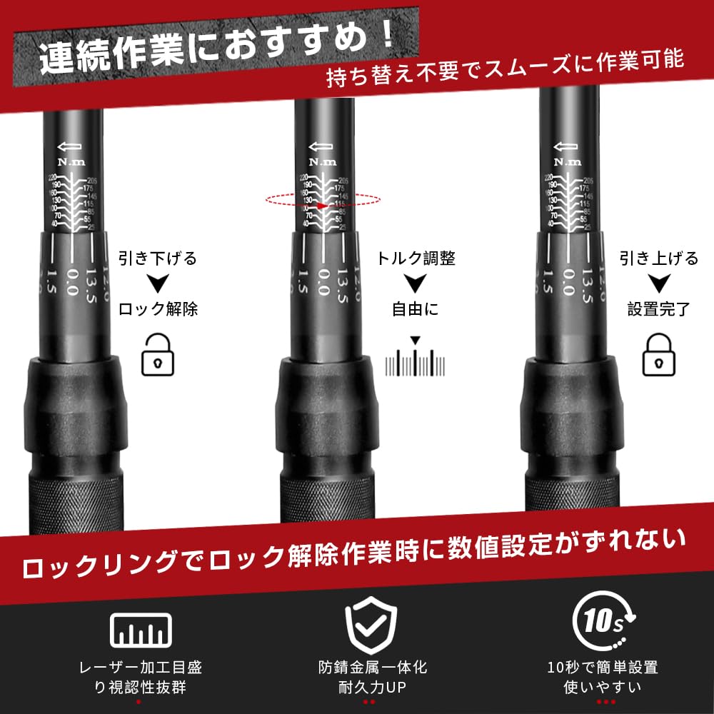 Preset Torque Wrench, Tire Change, Car, Motorcycle, 12.7mm (1/2 inch) Drive, 25-220Nm, Socket Wrench, Bi-Directional, Work Tool, Case Included
