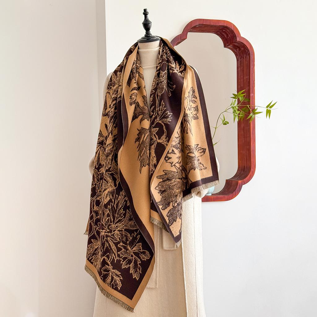 Luxury Brand Winter Cashmere Scarf for Women - Retro Printed Shawl with Tassels, Warm Pashmina Wrap & Bandana Poncho