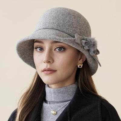 Hat Lady Autumn and Winter New Wool Top Hat Fashion Flower Warm Basin Hat Bucket Hat