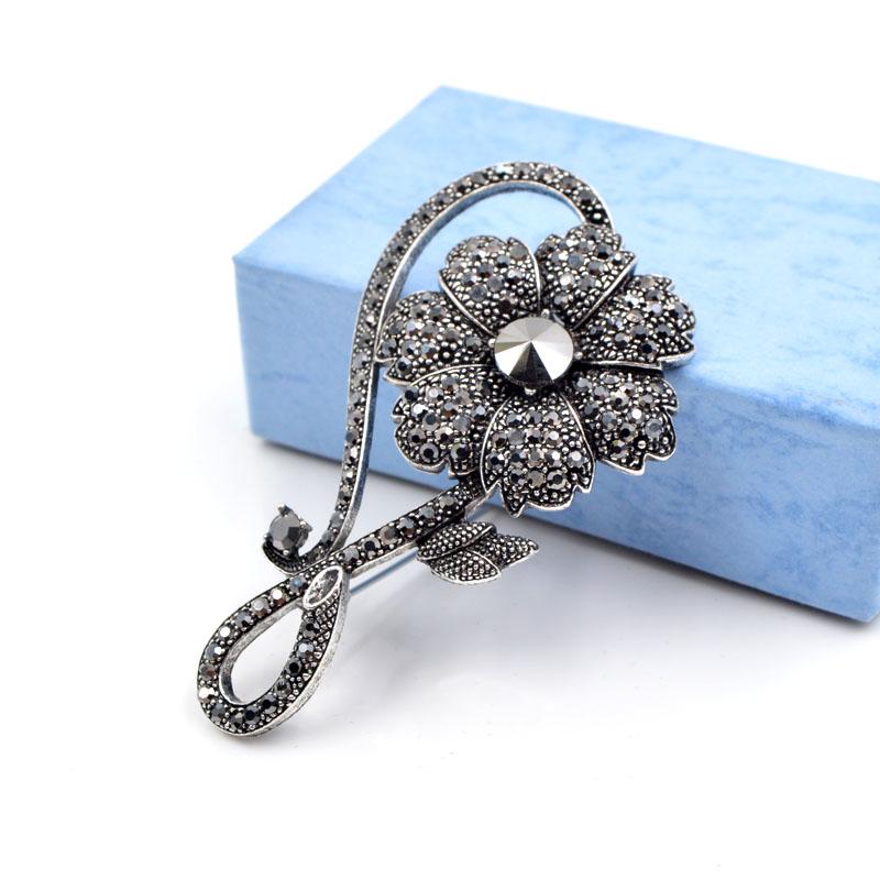 Novos broches de flores pretas com strass para mulheres, vintage, elegantes, grandes, alfinetes, casaco de inverno, suéter, broches de alta qualidade