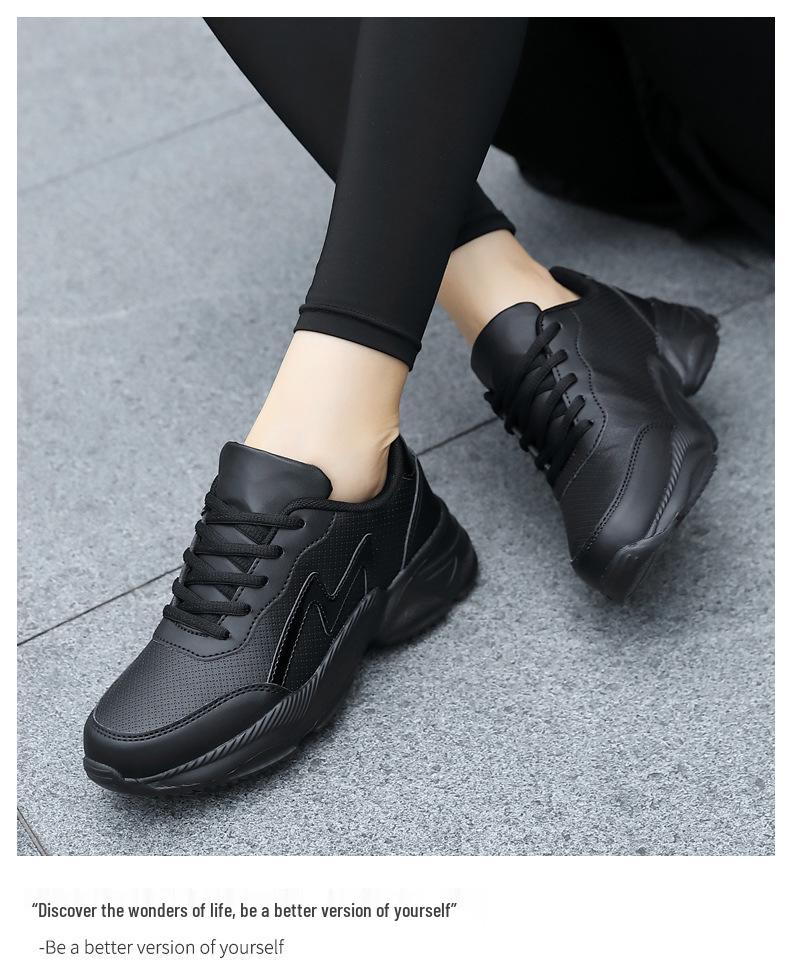 Women's Large Size All-Black Embossed Leather Lace-Up Casual Sports Shoes with Flat Soles