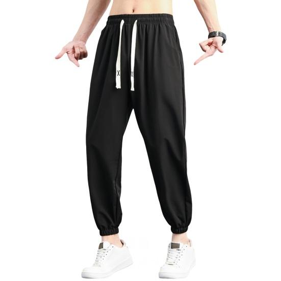 

Мужские спортивные девятые брюки из ледяного шелка, быстросохнущие боковые карманы, большие размеры, шнурок, эластичная талия, однотонные спортивные штаны для тренировок в тренажерном зале, длинные спортивные штаны для бега XXL чёрный