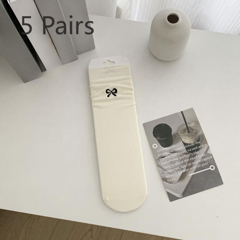 5 Pairs of Summer Women's Thin Ballet Style Fashionable Embroidered Bow Sweat Absorbing and Breathable Mid Calf Socks