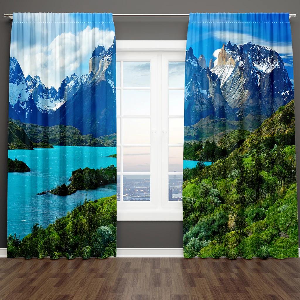 3D Print Blue Beach Sea and Natural Forest Drapes Window Curtain Bedroom Decorative Curtain 2 Panel for Living Room