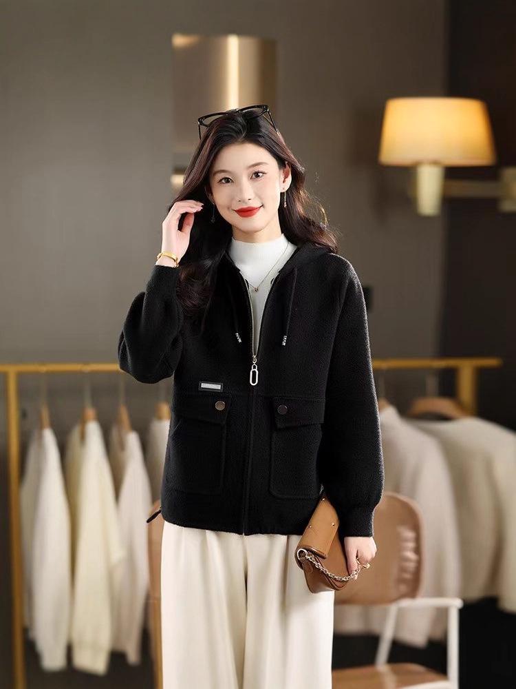 Women's Short Wool Hooded Zip Cardigan Coat - Fall/Winter Fashion Sweater Top