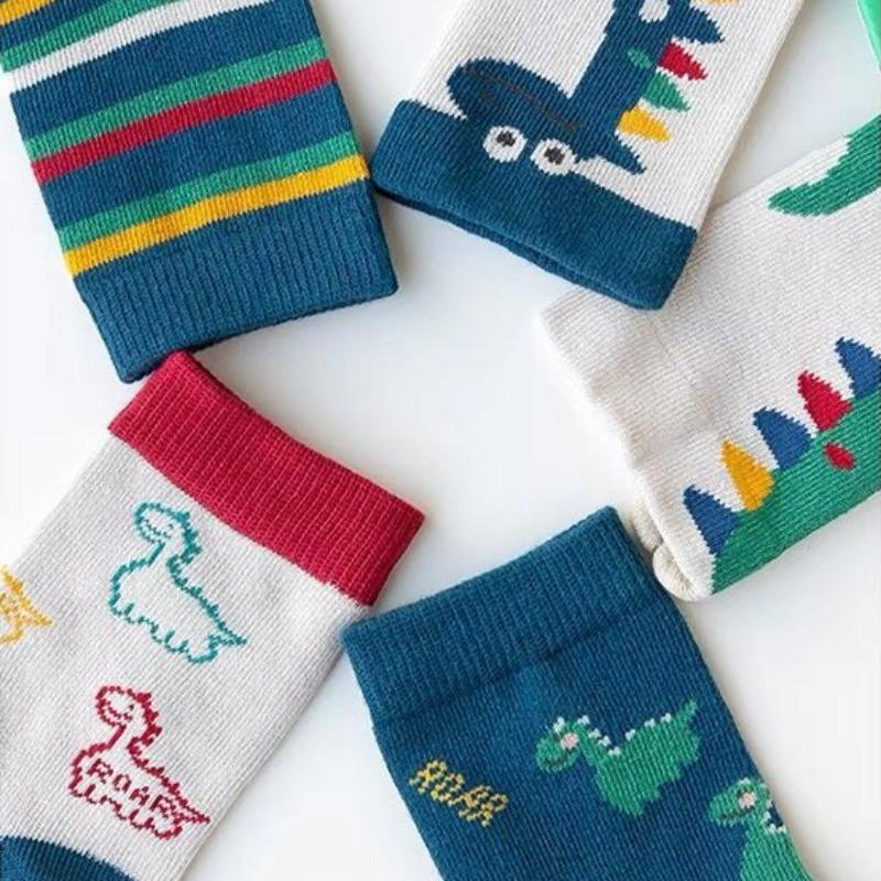 5 Pairs Autumn Winter New Style Children's Socks Mid-high Long Dinosaur Cartoon Design Boys Girls Baby Cartoon Socks Wholesale
