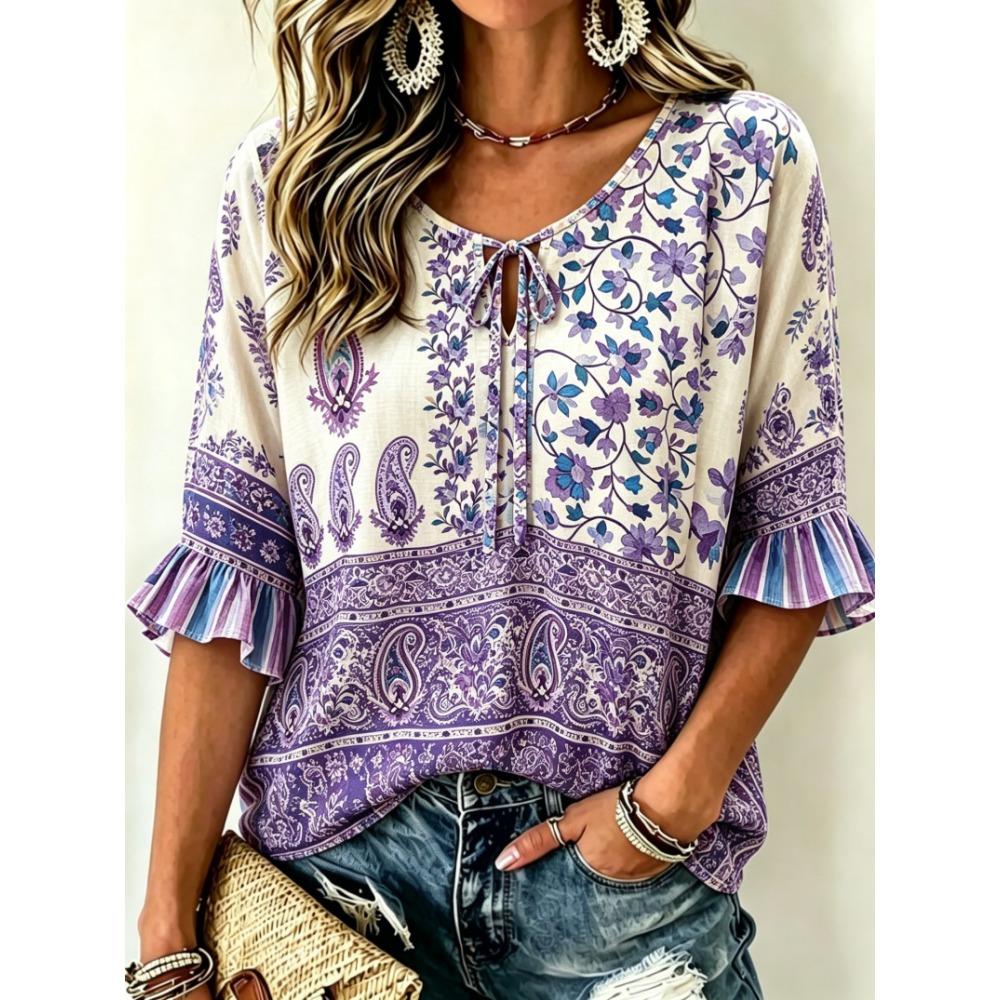 Women's Vintage Paisley Floral Print Tie Front Blouse, Casual Loose Top for Spring Summer Daily Wear