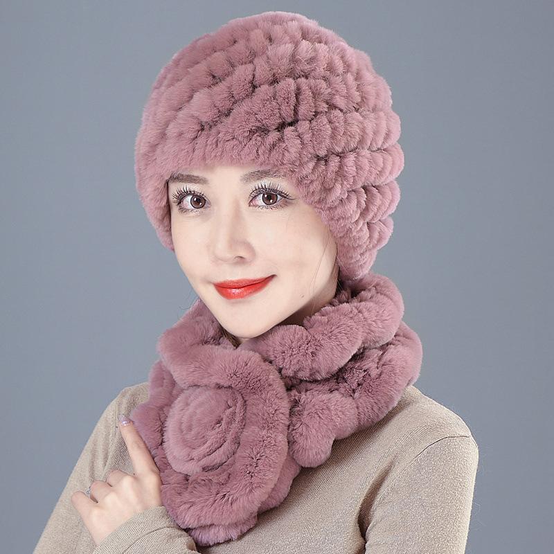 Middle-aged Rex rabbit hair hat female autumn and winter warm elderly grandmother ear protection fur mother wool scarf
