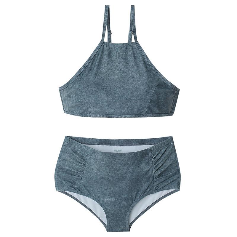 

Женский купальник из двух частей, трусы, закрывающие живот, и топы с бюстгальтером, синий джинсовый комплект бикини XL