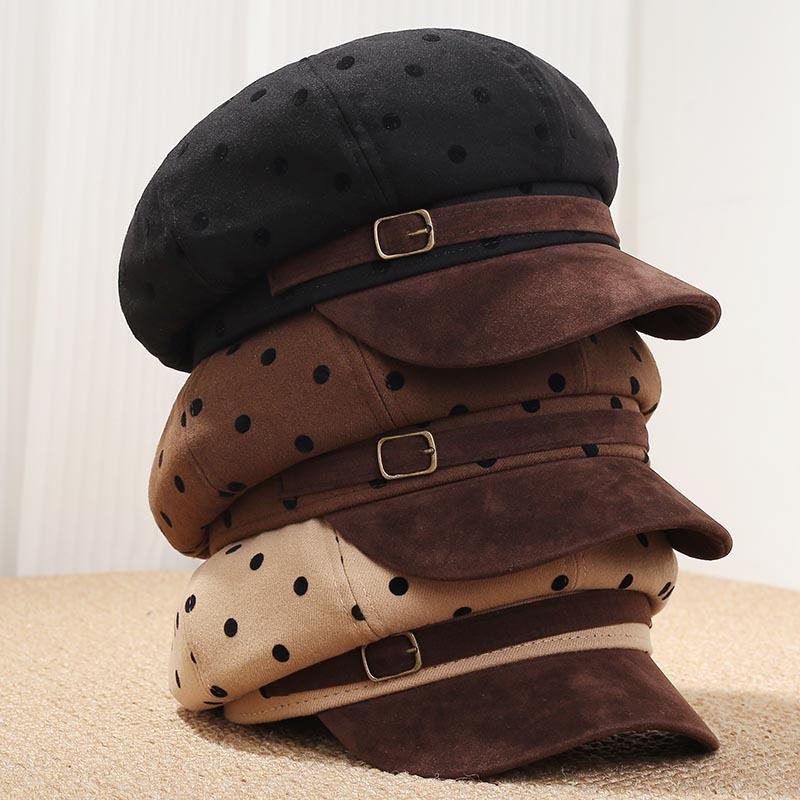 Retro Hong Kong style simple polka dot octagonal hat children autumn and winter fashion versatile painter hat belt buckle color matching cap