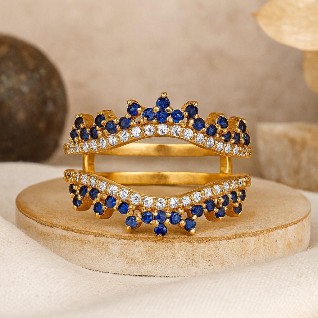 Zafiro azul y diamante simulado doblemente curvado chapado en oro blanco banda envolvente realzadora para boda — anillo de regalo para novia/aniversario