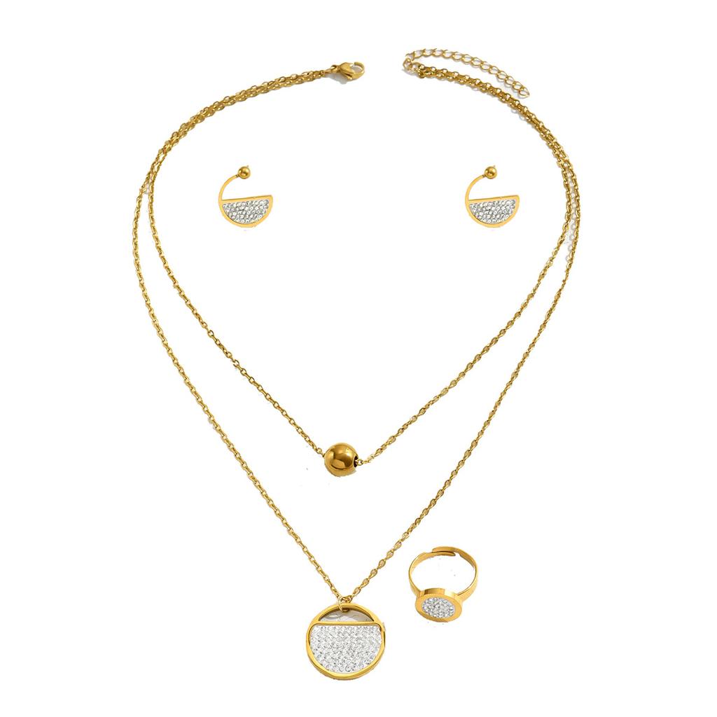 Fresh Wind Women's Ring Earrings Necklace Set Personality Zircon Round Clavicle Chain Versatile Jewelry