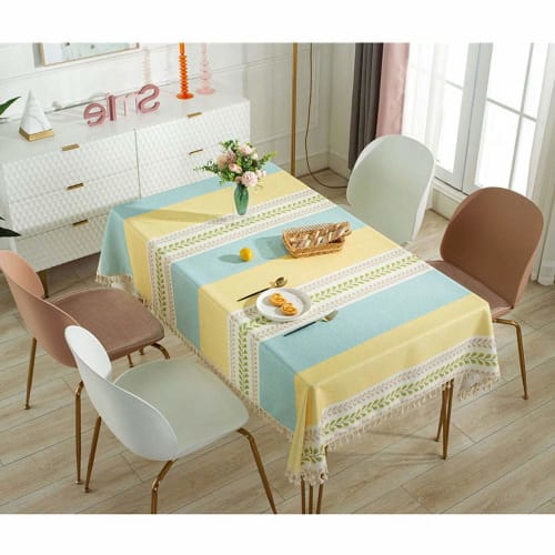Water-Repellent Rectangular Tablecloth with Nordic and Pastoral Stitching and Tassels, Stylish Table Cover for Dinner and Picnics, Washable, Home Deco