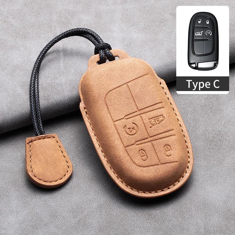 Leather Car Key Case Cover Shell For Jeep Chrysler 300 200 Dodge Charger Grand Cherokee Wrangler Compass Renegade For Fiat 500X