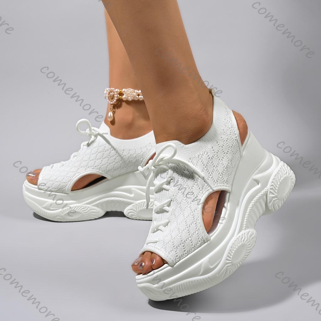 Comemore New Summer Weave Mesh Wedges Sandals Summer Fish Mouth High Heels Casual Sports Beach Shoes Black Roman Sandales Female