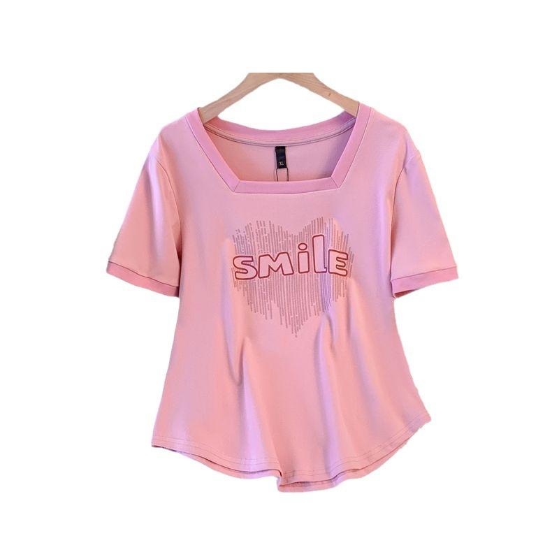 Letter Printing Contrasting Color Splicing Square Neck Short-sleeved T-shirt Summer Fat and Thin Loose Top