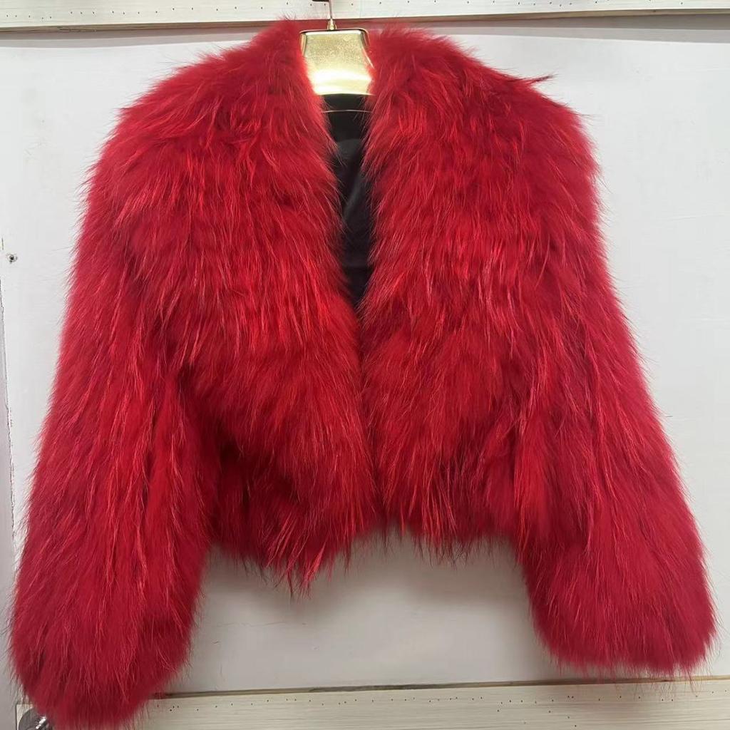 Real Raccoon Fur Coat Quilted Braided Large Lapel Fur Coat High Waist Short Style Youthful Temperament Winter Top