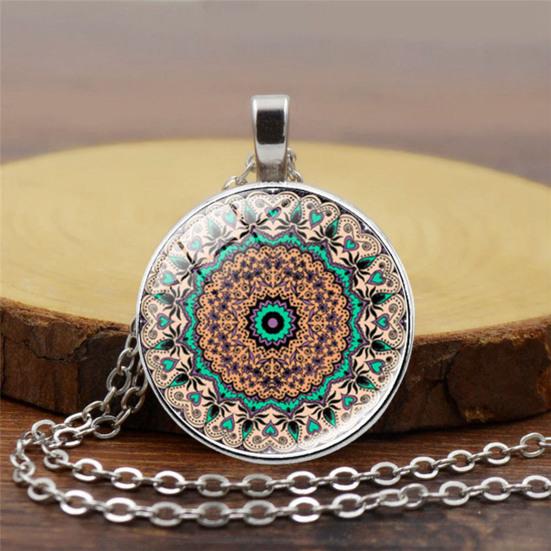 1 Set Women Jewelry Set Flower Print Glass Pendant Vintage Ethnic Style Prom Party Earrings Necklace Bracelet Combo Ideal Christmas Gift