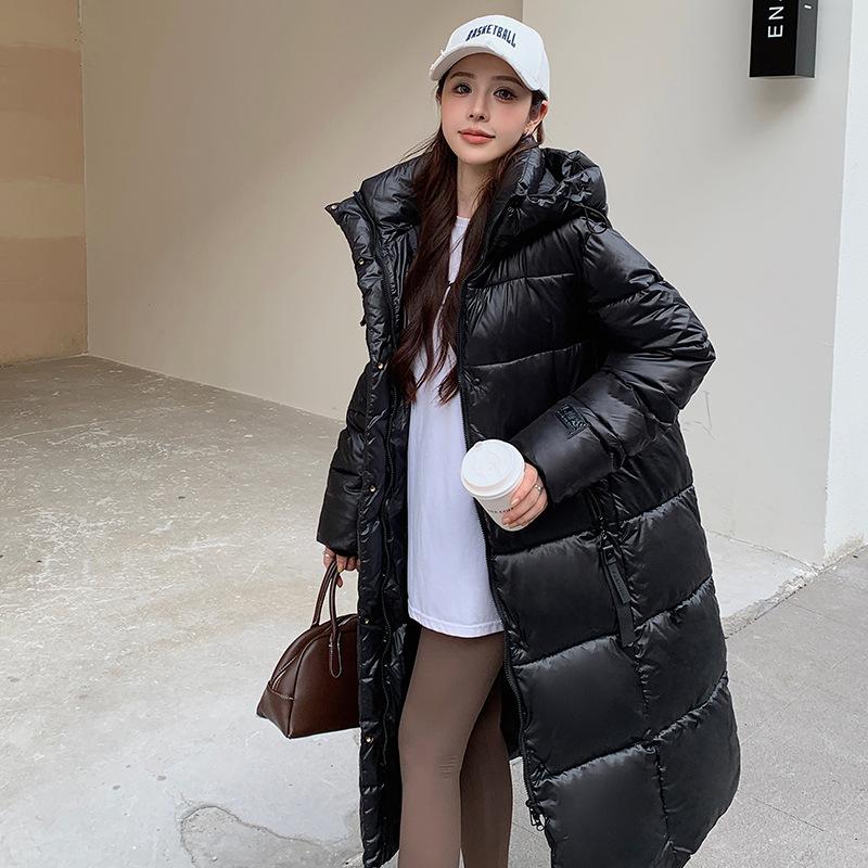 

Женская куртка осень-зима, черная, глянцевая, свободная, выше колена, с капюшоном, утолщенная, ветрозащитная, женская куртка XXL